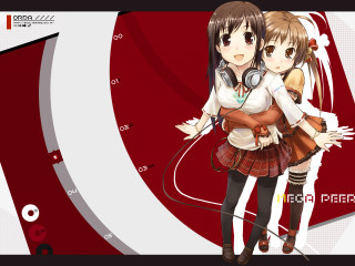Anime girls red background headphones - widescreen free wallpaper