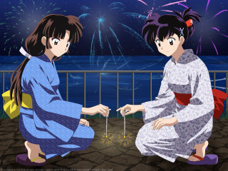 Fireworks kimono girls night kyoto - two woman free wallpaper