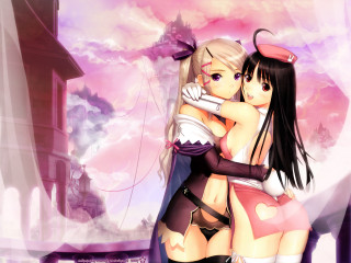 Anime girls hugging pink sky - a storybook illustration free wallpaper for desktop