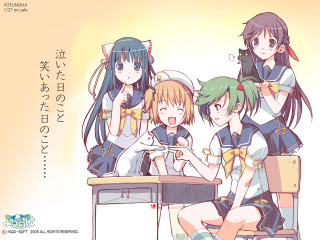 Girls sitting cellphone animalears schooluniform - a cell phone free wallpaper