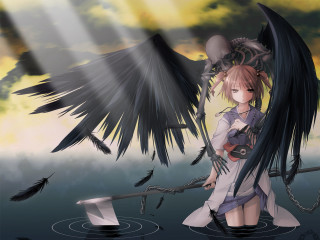 Woman wings water sword bird - a cloudy sky behind her free wallpaper