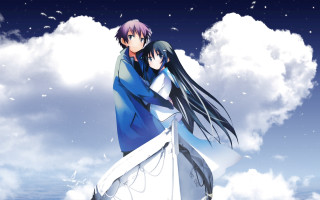 Clouds angelic hug kiss anime - poster art free wallpaper for desktop