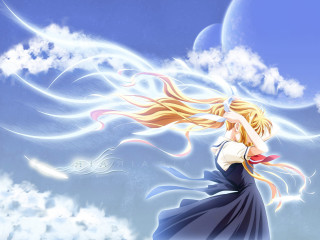 Woman blue dress flying clouds - the wind free wallpaper