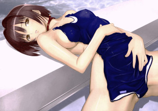 Woman blue dress pool ayako - a detailed drawing free wallpaper for desktop