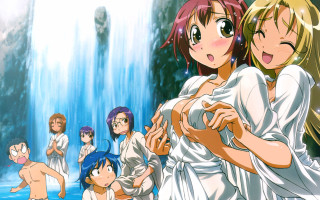 Anime group waterfall beach girls - context art free wallpaper