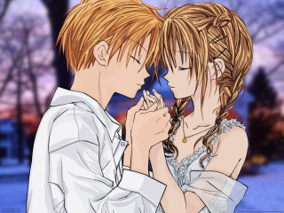 Romantic anime couple bokeh snowy - a tree and a building free wallpaper