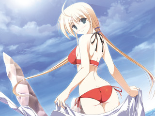 Woman beach surfboard blonde bikini 3 - official art free wallpaper for desktop