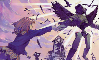Flying angel birds building anime - a couple of people free wallpaper for desktop