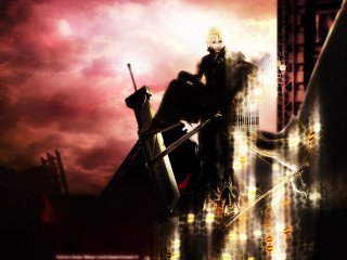 Man sitting ledge sword city - his hand and a city in the background free wallpaper