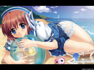 Woman beach blue dress pig - anime art free wallpaper