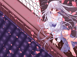 Long white haired woman kimono - petal free wallpaper