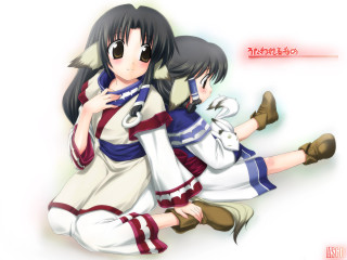Anime girls hug sitting animal - their leg free wallpaper