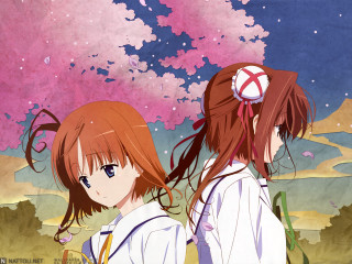 Pink tree cherry blossoms girls - a sky free wallpaper