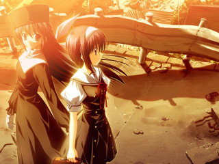 Anime girls courtyard playground sunset - serial free wallpaper