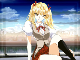 Blonde girl sitting blue sky - visual free wallpaper