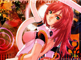 Anime girl redhair sword circles - pixel art free wallpaper