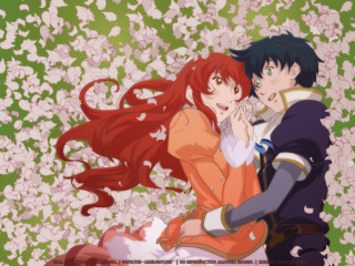 Anime couple flower field holding - flower and trees free wallpaper