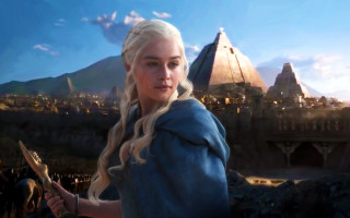 Woman blue dress sword cityscape - daryush shokof free wallpaper
