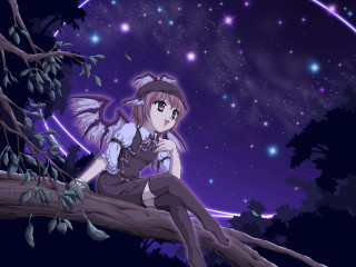 Girl tree branch hat wings - night sky free wallpaper
