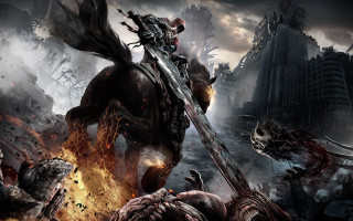 Man horse fire city sword - ground free wallpaper