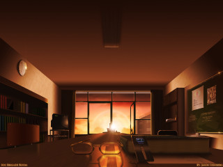 Sunset room desk bookshelf clock - outside free wallpaper