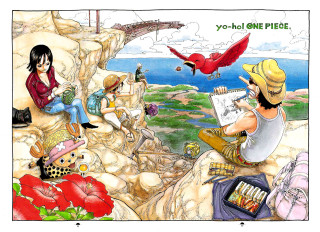 Man woman bird rock outdoors - eiichiro oda free wallpaper