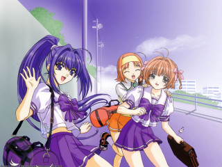 Three girls school uniforms backpacks - a street together free wallpaper