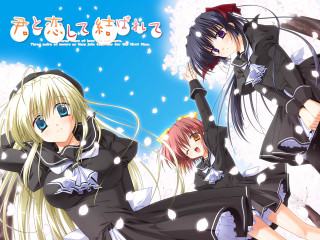 Anime girls snow falling blossoms - a blue sky behind them free wallpaper