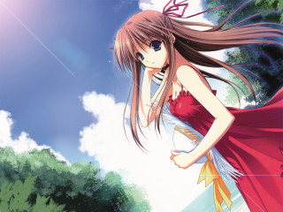 Red dress girl wind blowing - blue sky free wallpaper