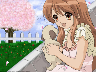 Girl dog tree pinkflowers fence - a white fence free wallpaper