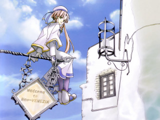 Cartoon girl hanging sign building - a sign free wallpaper