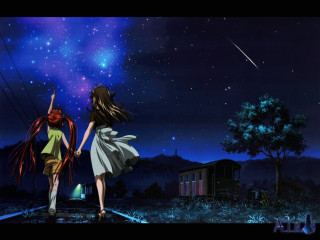 Girls traintrack night shootingstar building - a building in the background free wallpaper