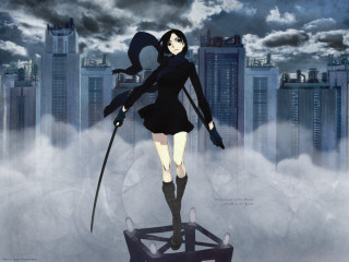 Woman black dress sword city - her hand and a city in the background free wallpaper