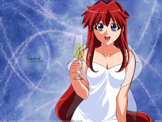 Woman wine red hair blue - a white dress holding free wallpaper