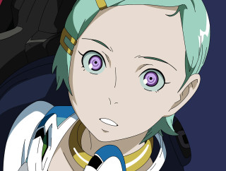 Woman blue hair green eyes - her face and chest free wallpaper