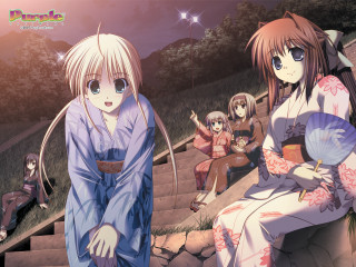 Anime girls stairs parasol fireworks - a man holding free wallpaper