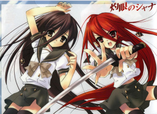 Red haired anime girls swords - their back free wallpaper