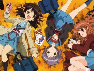 Anime girls laying luggage cellphone - their hand and a man in a suit free wallpaper