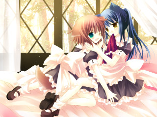 Anime girls bed furry yandere - top of a bed together free wallpaper