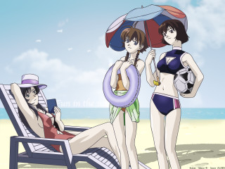 Beach women bathing suits umbrella - two woman free wallpaper