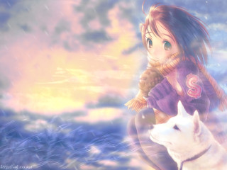 Rainy day girl and dog - a sky background free wallpaper for desktop