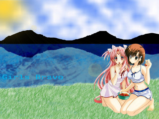 Anime girls field mountains sky - the background and a sky background free wallpaper