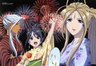Anime girls fireworks fan kimono - firework free wallpaper