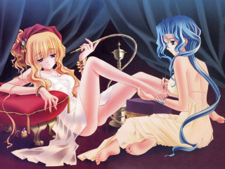 Anime girls red chair blue - egyptian art free wallpaper