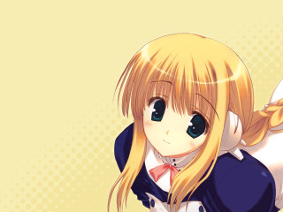 Anime girl blonde blue shirt - a yellow background free wallpaper for desktop