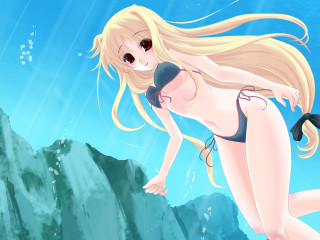Cartoon girl diving ocean mountain - a mountain in the background free wallpaper