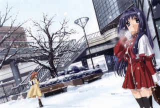 Girl red dress snow winter - impressionism free wallpaper