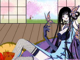Purple dress woman butterfly couch - a window behind her free wallpaper