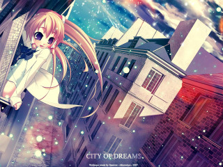 Girl white dress flying cityscape - city background free wallpaper