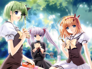 Three anime girls park bench - a bench in a park free wallpaper
